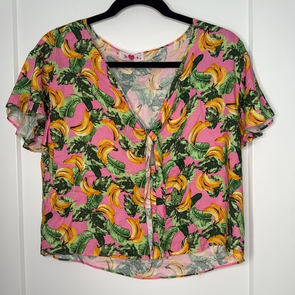 BuddyLove Banana Havana Tie Front V-Neck Flutter Sleeve Button Up Top - Medium - Picture 3 of 6